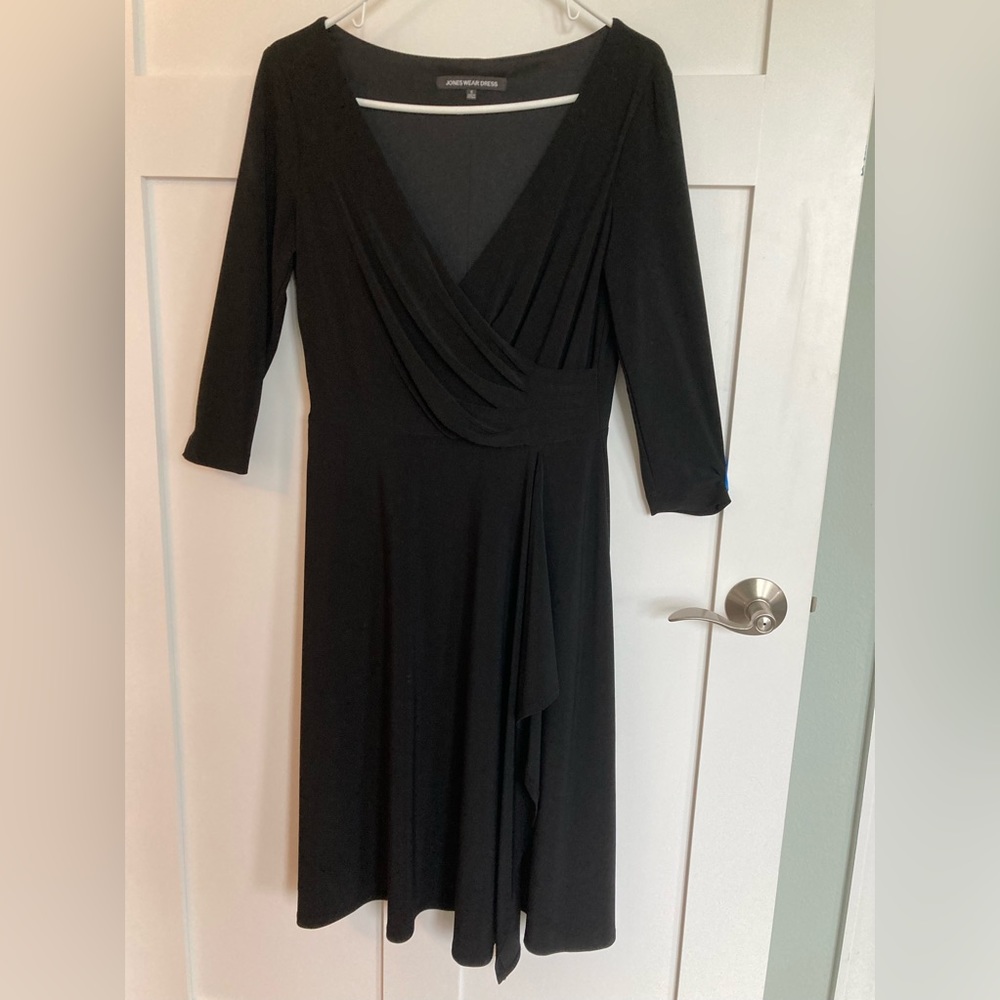 Black v-neck, 3/4 length sleeve modified wrap dress in size 8 by Joneswear Dress